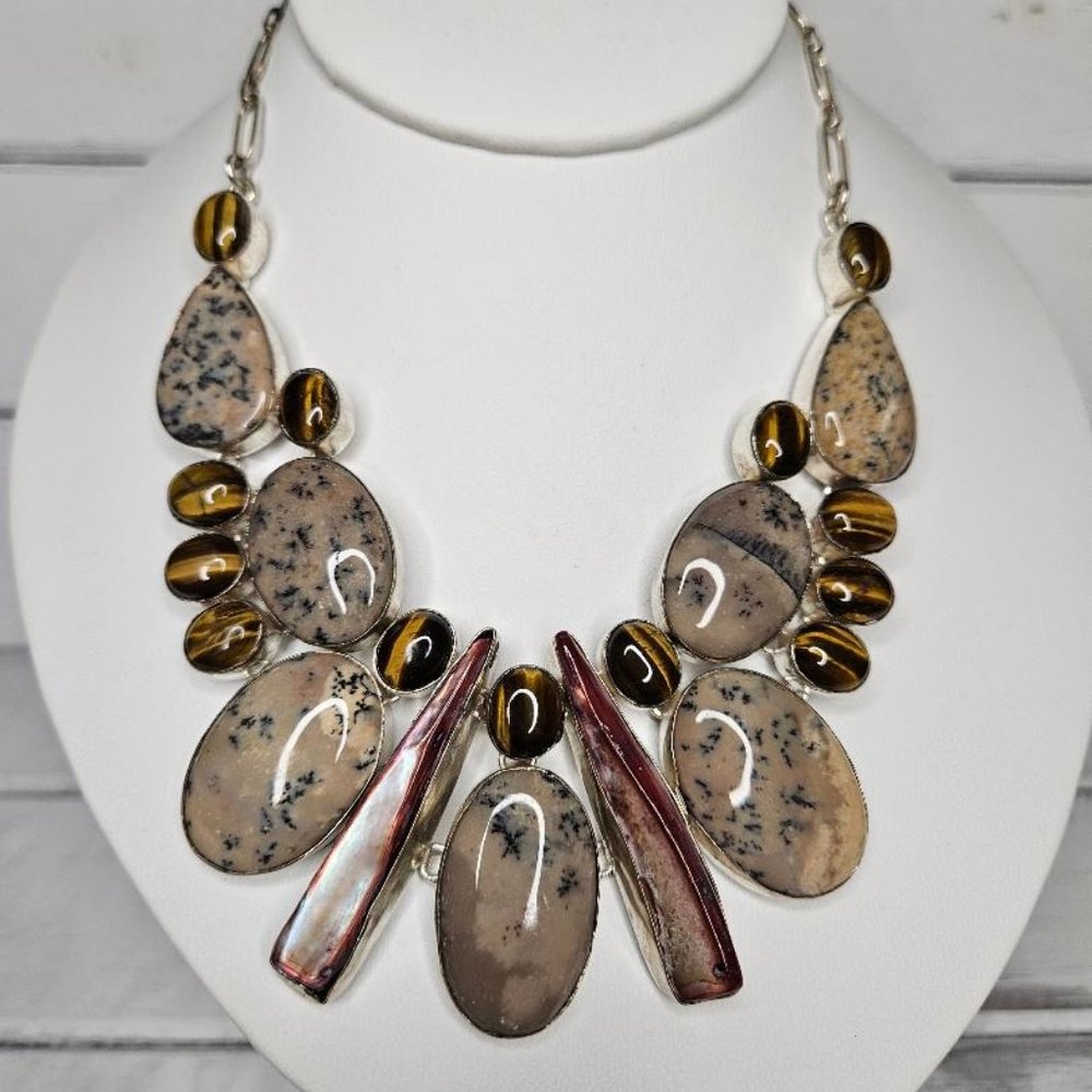 Chunky Bib Stone Tigers Eye Jasper Shell Sterling Silver Necklace
